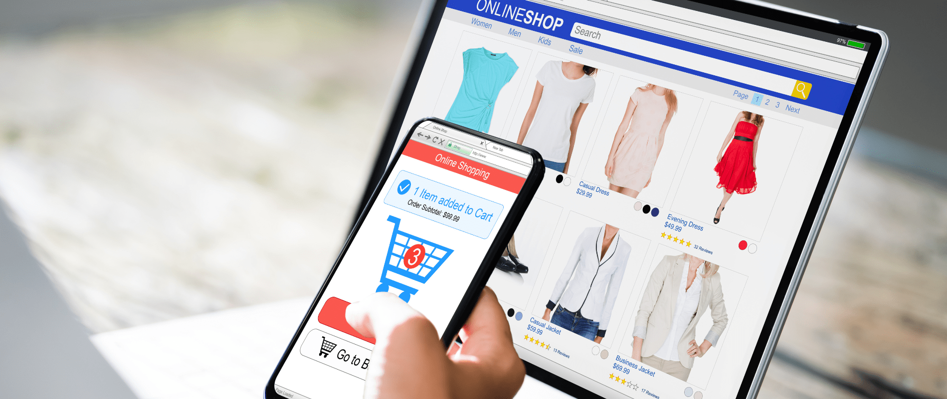 A person uses a smartphone and laptop to shop for clothes online, with various garments displayed on the screen.