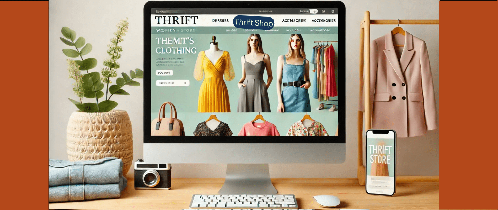 A computer and smartphone display a thrift store website. Nearby are a camera, keyboard, potted plant, and hanging pink blazer, creating a stylish workspace.