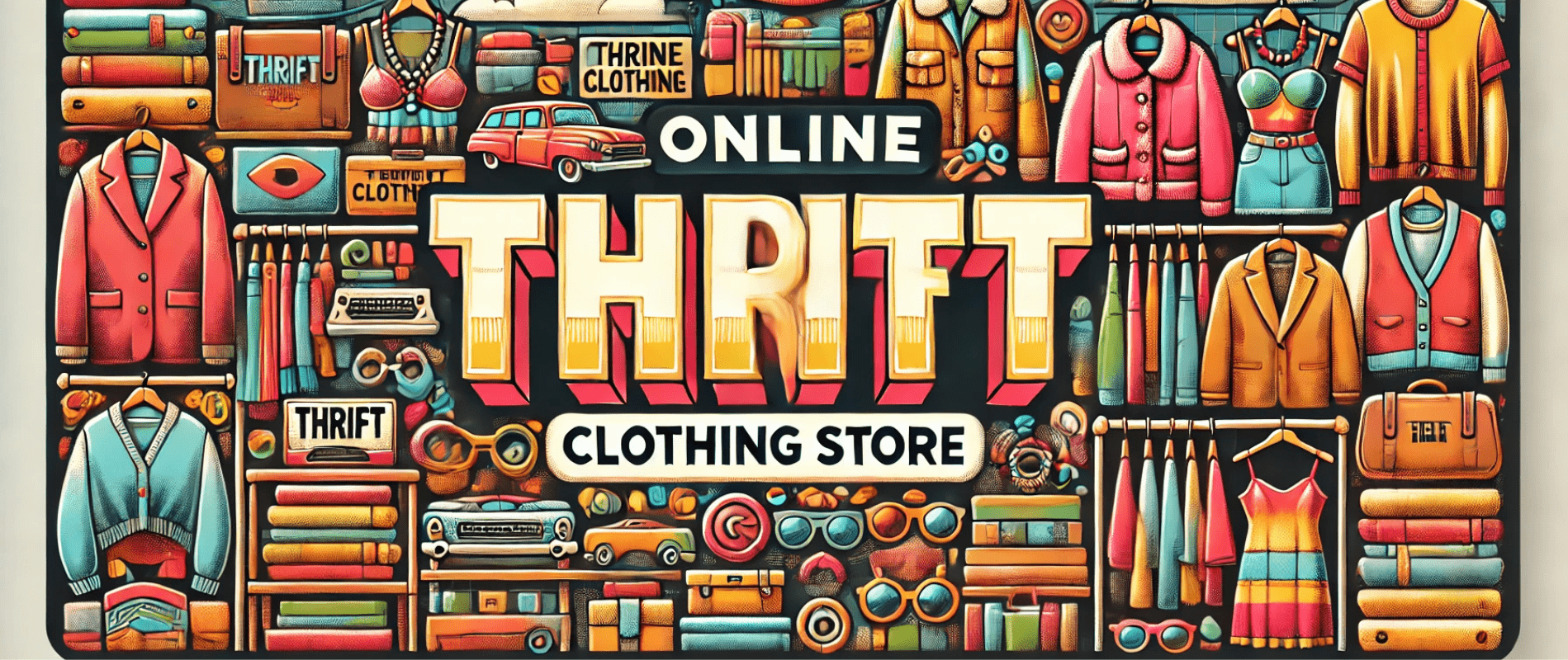 Colorful illustration featuring "Online Thrift Clothing Store" with various clothing items and accessories creatively arranged around the text. Vibrant, bold design.