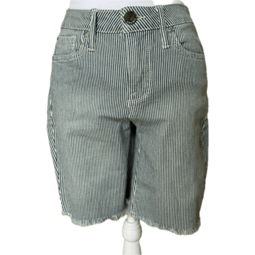 The image shows a pair of vertically striped, knee-length shorts with a button closure, displayed on a mannequin stand, set against a plain background.