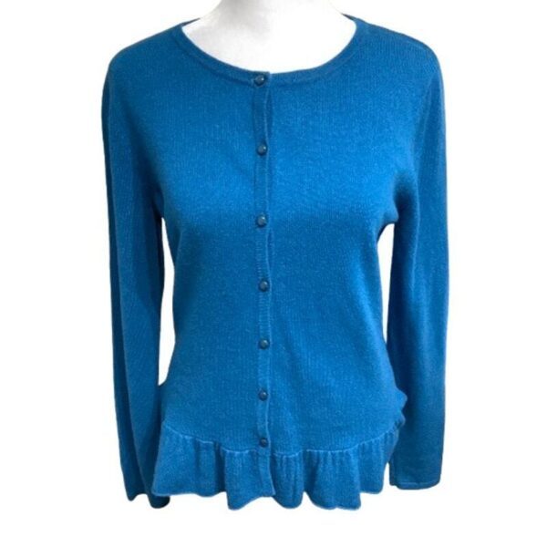 Garnet Hill Aqua Blue 100% Cashmere Cardigan with Ruffle Hem S Feminine, Cozy