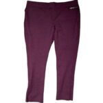 A pair of burgundy pants with a zipper detail on the waistband is displayed against a plain white background.