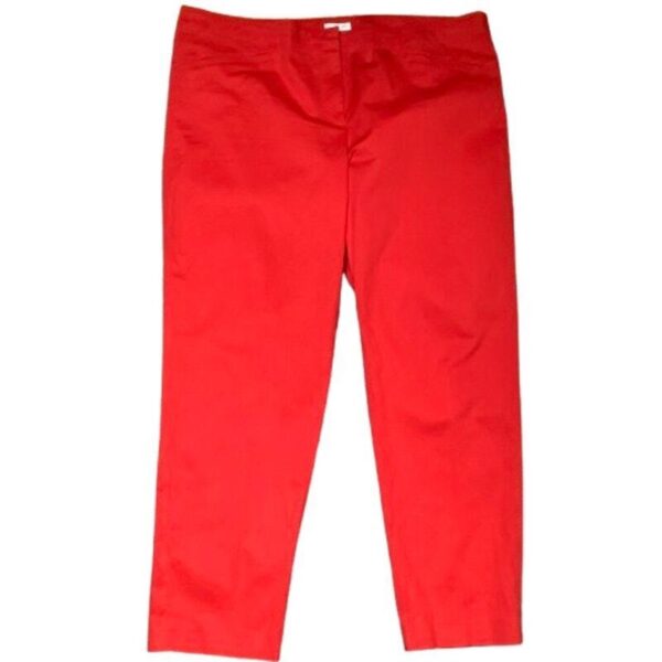 A pair of bright red pants, neatly folded, laying flat on a plain white background. The pants appear to be in good condition.