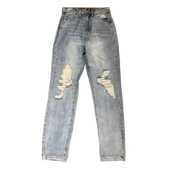 These are light-washed, distressed jeans with significant rips on both pant legs, showcasing a casual, worn-in style.