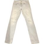 A pair of white jeans laid flat on a plain white background, with visible pockets, button, and belt loops.