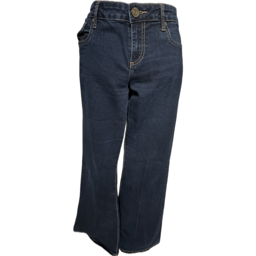 A pair of dark blue children's jeans with front and back pockets, yellow stitching, and a button closure at the waistband.