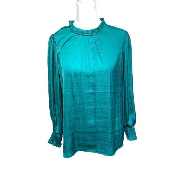 A teal long-sleeve blouse with pleated detailing around the neckline and cuffs, displayed on a white mannequin torso. No historical buildings or landmarks present.