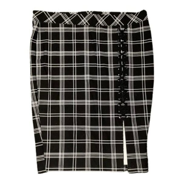 A black and white plaid skirt featuring a side slit and lace-up detail on the right. No landmarks or historical buildings present.