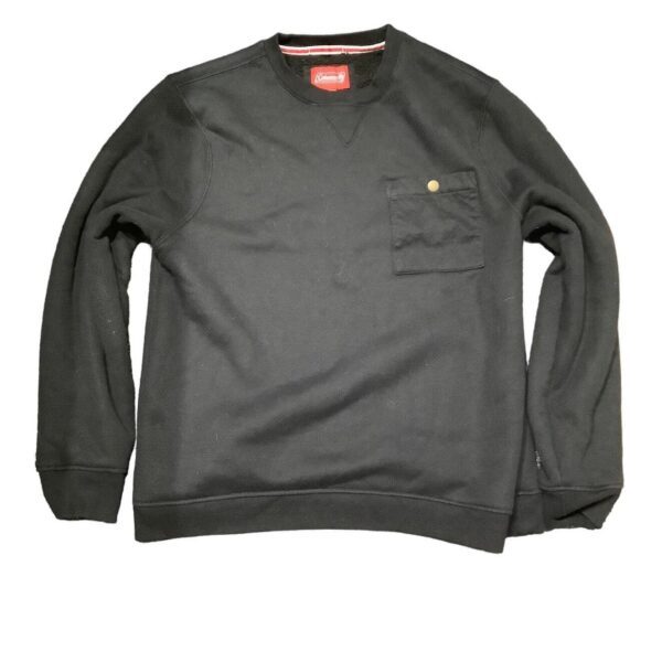 A black crewneck sweatshirt with a chest pocket, featuring a small button on the pocket and a red label inside the collar.