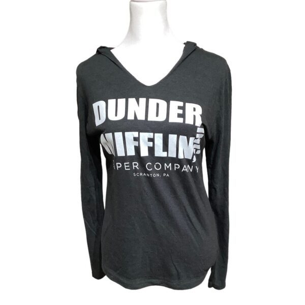 A black hoodie with the text "Dunder Mifflin Paper Company, Scranton, PA" displayed on a mannequin. The mannequin is white and headless.