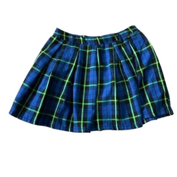 A blue and green plaid pleated skirt, displayed against a white background. The skirt features a checkered pattern and has a casual, stylish appearance.