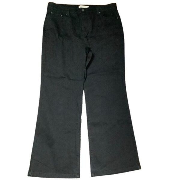 The image shows a pair of black pants laid flat. They have a button and zipper closure and slightly flared bottoms. No landmarks visible.