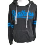 A dark gray hoodie with blue "Panthers" text and blue stripes on the sleeves. The hoodie has a front pocket and drawstrings.