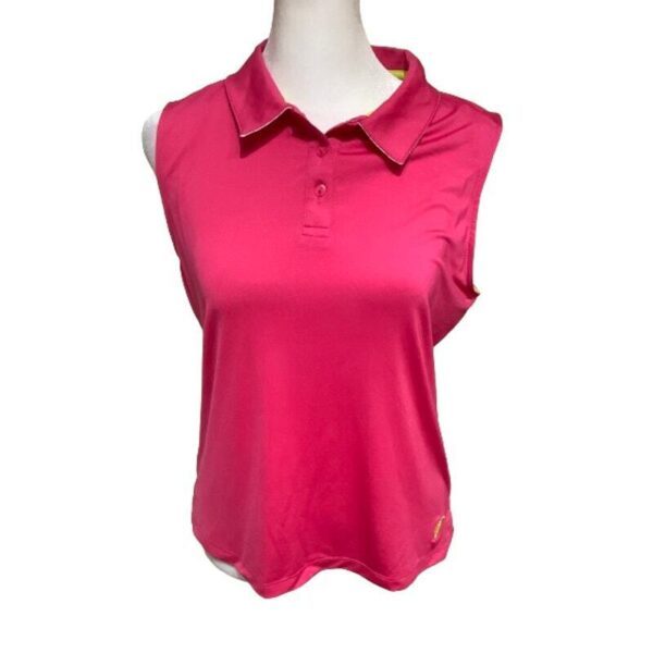 A bright pink sleeveless polo shirt displayed on a white mannequin torso against a plain background. The shirt features a collar and a button placket.