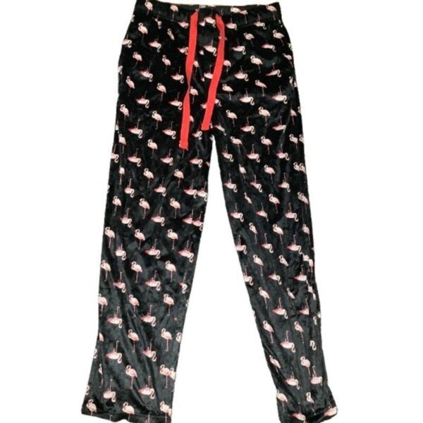 Black pajama pants with a flamingo pattern and red drawstrings displayed on a white background. No landmarks or historical buildings are present.