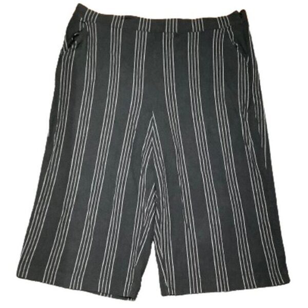 A pair of black shorts with vertical white stripes, lying flat. No landmarks or historical buildings are present in the image.