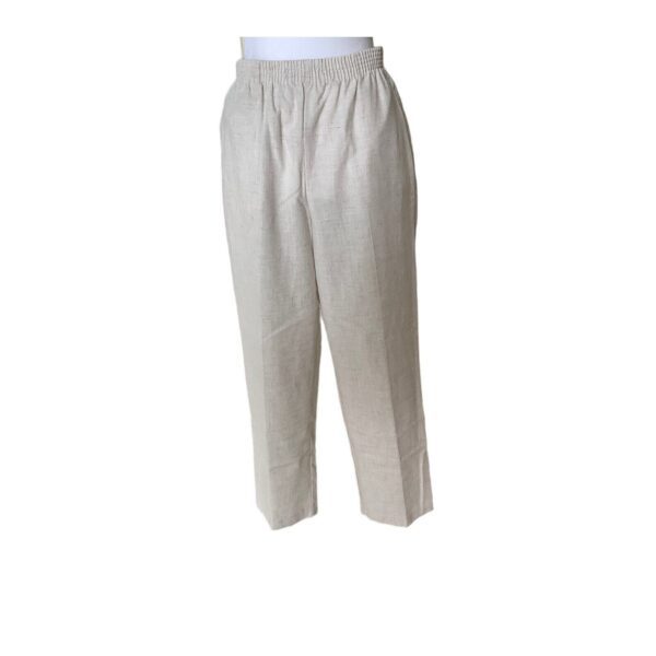 A pair of beige linen pants with an elastic waistband is displayed against a plain white background, neatly arranged for a product photo.