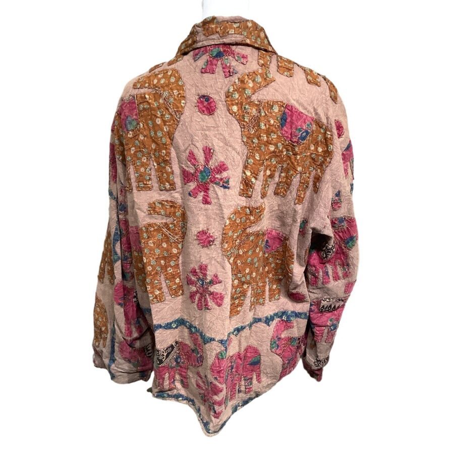 Colorful jacket with vibrant elephant and flower patterns, featuring pink, orange, and blue hues. Unique, handcrafted design with intricate details and a vintage style.