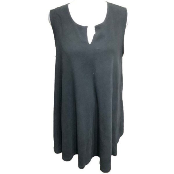 This image shows a sleeveless black blouse with a small keyhole neckline. The fabric appears to be soft, and the design is simple and flowy.