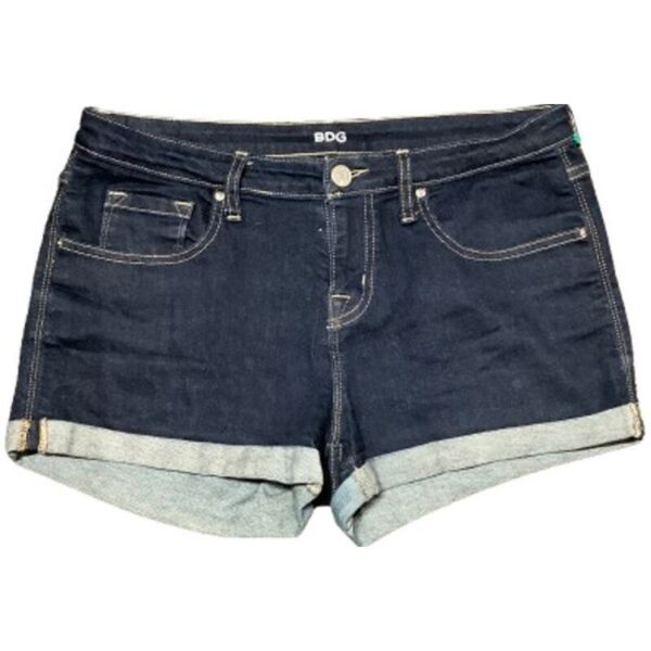 Dark denim shorts with rolled cuffs and multiple pockets, including a coin pocket. The waistband features belt loops and a front button closure.