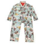 Light blue pajamas with a playful print featuring Disney characters skiing and snowboarding. The set includes a collared button-up top and matching pants.