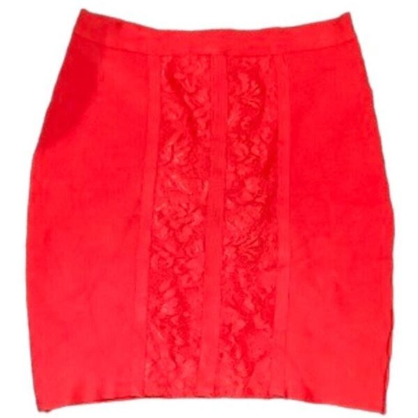 A bright red skirt with lace detailing in the center. The garment appears to be made from a textured fabric and is designed to be fitted.