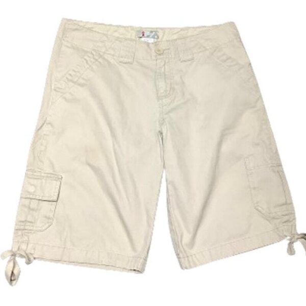 A pair of beige cargo shorts with side pockets and drawstrings on the legs, displayed against a plain white background.