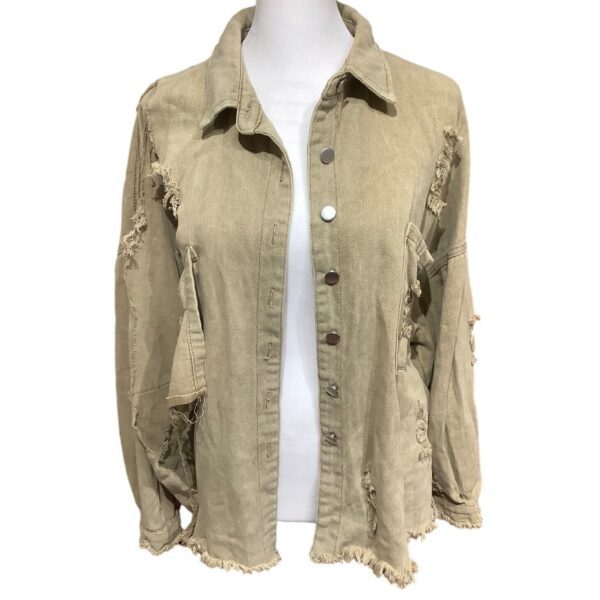 A beige, distressed denim jacket with torn details and button closure is displayed on a mannequin, featuring a casual and rugged style.