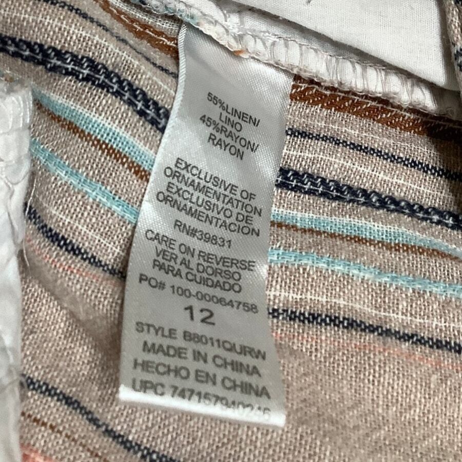 A close-up image of a clothing tag shows fabric composition, care instructions, and manufacturing details, including "Made in China" and a style number.