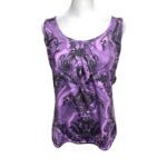 A purple and black patterned sleeveless top displayed on a white mannequin, featuring intricate baroque-style designs.