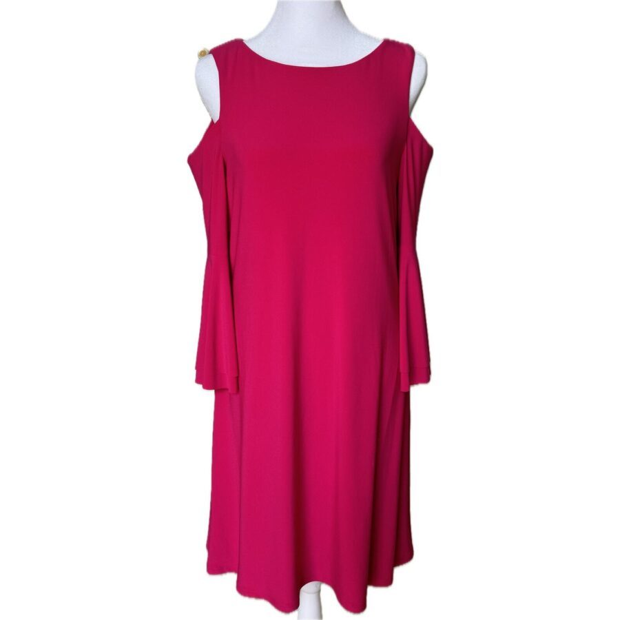 A fuchsia cold-shoulder dress is displayed on a white mannequin. The dress has a loose, flowing design and features cut-outs at the shoulders.