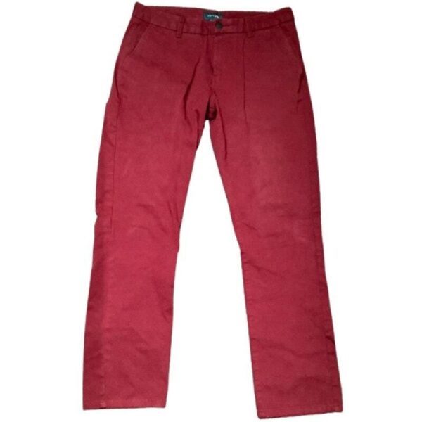 A pair of red pants with a button and zip closure, laid flat against a plain background, displaying the front side.