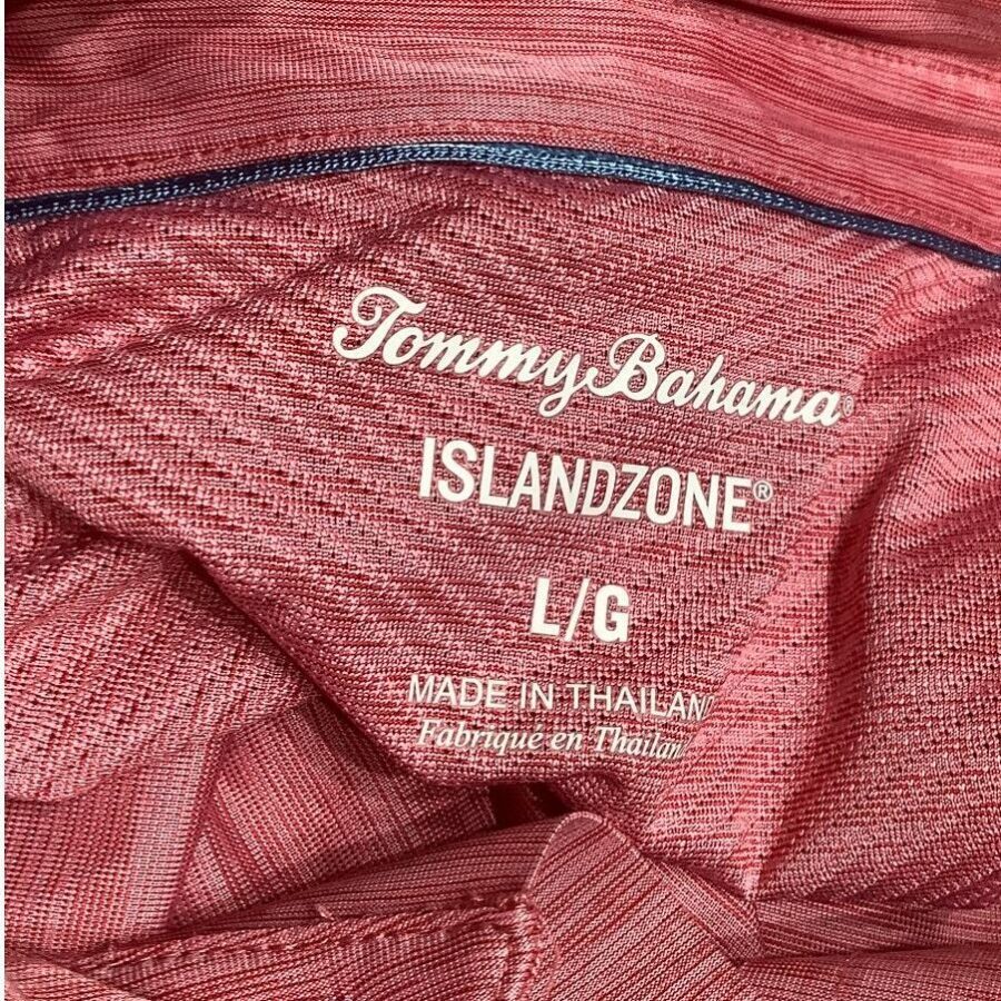 A close-up image of a red Tommy Bahama IslandZone garment label, indicating it is size L/G and made in Thailand.