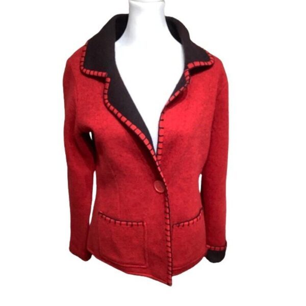 A red women's jacket with a button-up front, black collar, and pocket detailing displayed on a white mannequin torso against a plain background.