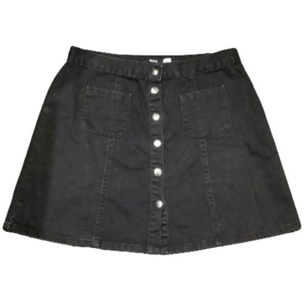 A black button-front skirt with two front pockets, designed in an A-line silhouette. The skirt features a waistband and is made of denim fabric.