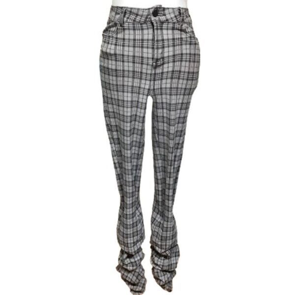 Gray plaid pants with a high waist and ruched detailing at the ankles. The fabric appears to be soft and comfortable.