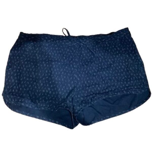 A pair of dark blue shorts with small white patterns, featuring a drawstring at the waistband. The shorts have a relaxed, comfortable fit.