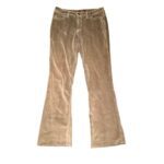 A pair of light brown corduroy pants, featuring a flared leg and five-pocket design, laid flat on a white background.