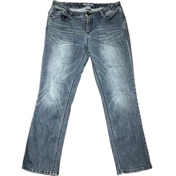 A pair of blue denim jeans with a classic straight-leg design, featuring slight fading and whiskering details, laid flat against a white background.