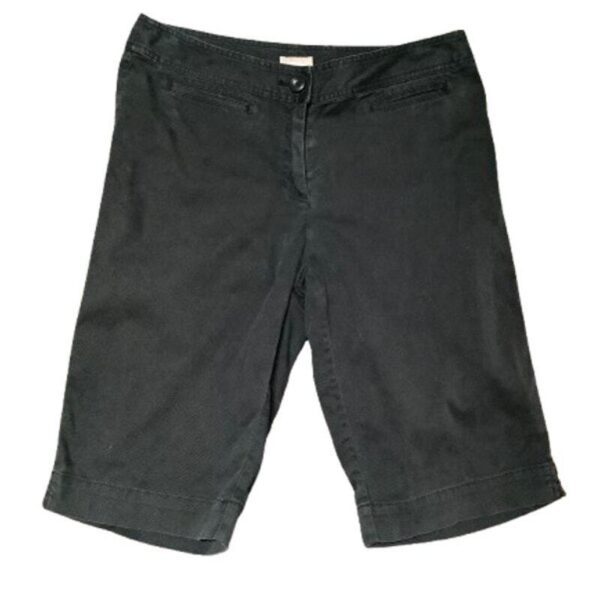 Black knee-length shorts with a button and zipper front closure, featuring side pockets. Simple and casual design suitable for everyday wear.