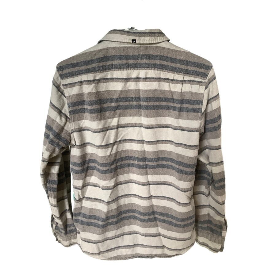 A long-sleeve, collared shirt featuring horizontal stripes in varying shades of beige and gray, photographed from the back against a plain white background.