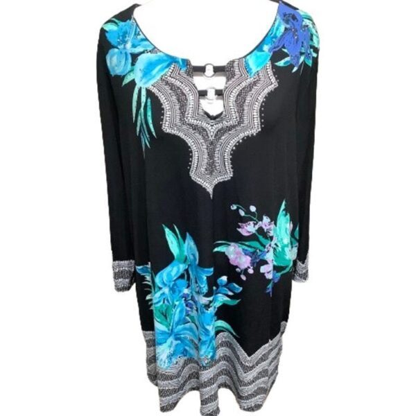 A black dress with long sleeves, featuring blue floral patterns and intricate white designs around a keyhole neckline. It includes various azure and teal foliage.