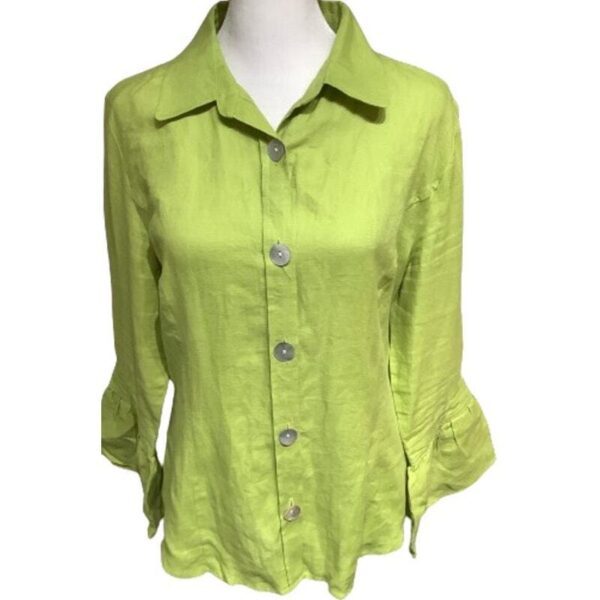 Tracy M 100% Linen Lime Green Long Sleeve Button Up Top, L Work Office Career