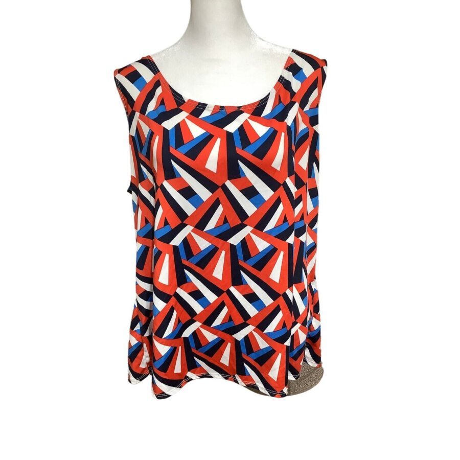 A patterned sleeveless blouse in red, blue, white, and black colors displayed on a mannequin against a plain white background.